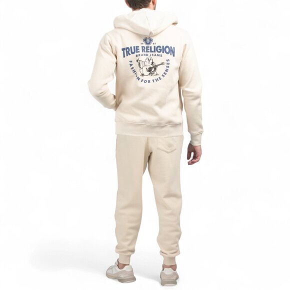 True Religion 2 PC Sweatsuit Mens Size L Fleece Tracksuit Outfit Ivory NWT - Picture 1 of 13